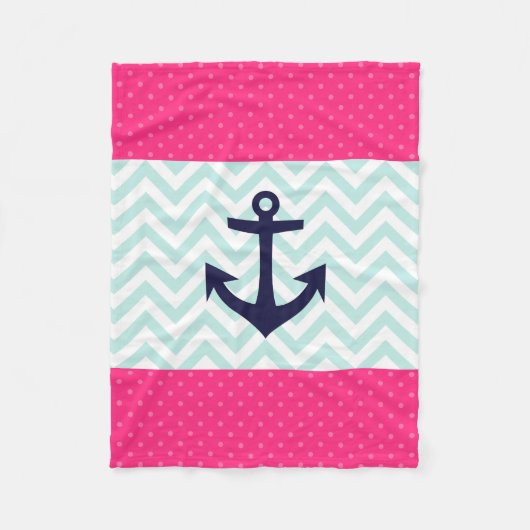 Nautical roze White Mint Chevron Anchor Pattern Fleece Deken (Voorkant)