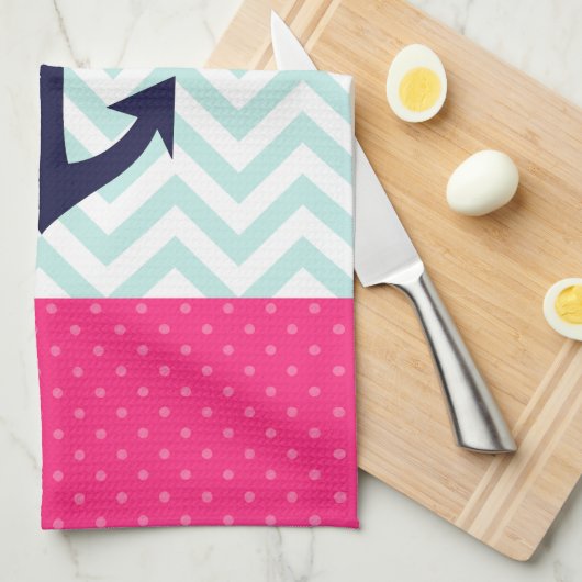 Nautical roze White Mint Chevron Anchor Pattern Theedoek (Quarter Fold)