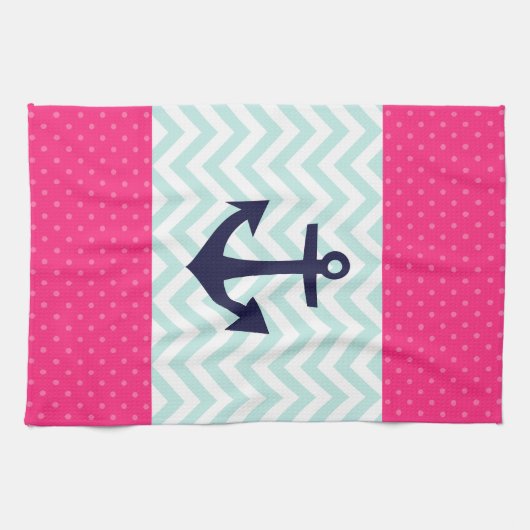 Nautical roze White Mint Chevron Anchor Pattern Theedoek (Horizontaal)