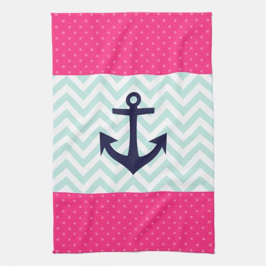 Nautical roze White Mint Chevron Anchor Pattern Theedoek (Verticaal)