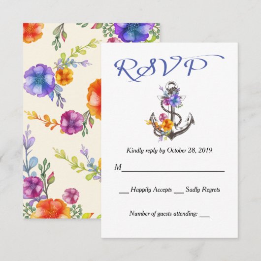 Nautical RSVP Boat Anchor Floral Blue Response Kaartje (Voorkant / Achterkant)