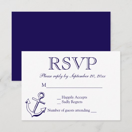 Nautical RSVP Navy Blue Anchor Wedding Party (Voorkant / Achterkant)