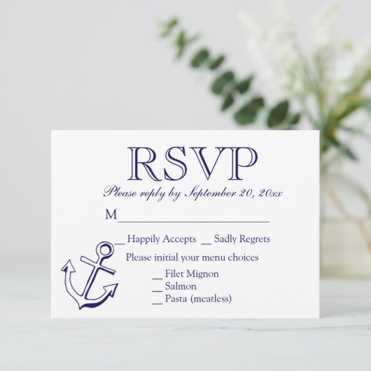 Nautical RSVP Navy Blue Anchor Wedding Party (Staand voorkant)
