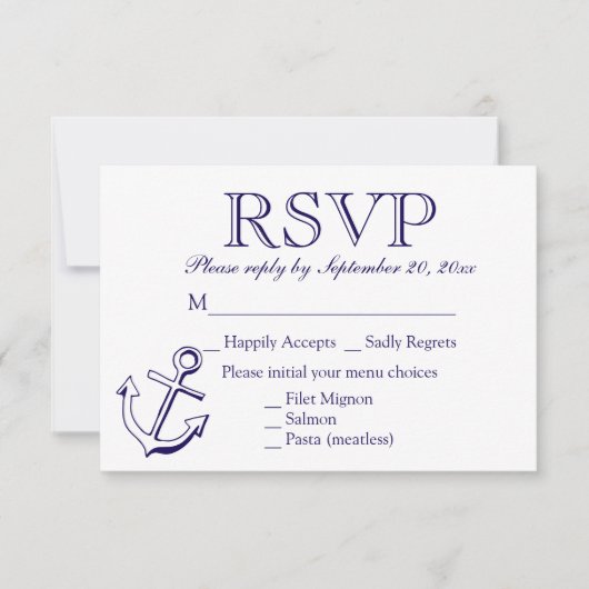 Nautical RSVP Navy Blue Anchor Wedding Party Kaartje (Voorkant)