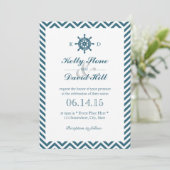 Nautical Rudder Blue Chevron Stripes Wedding Kaart (Staand voorkant)
