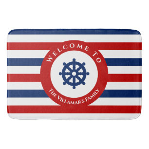 Nautical Rudder Navy Blue Red Stripes Badmat