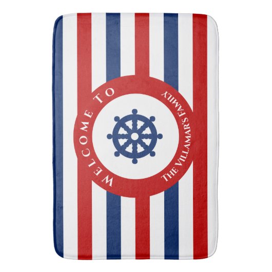 Nautical Rudder Navy Blue Red Stripes Badmat (Voorkant Verticaal)