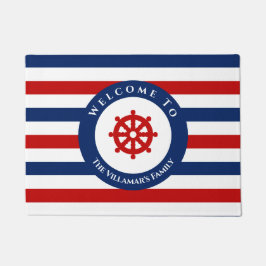 Nautical Rudder Navy Blue Red Stripes Deurmat