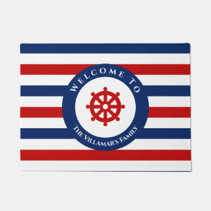 Nautical Rudder Navy Blue Red Stripes Deurmat