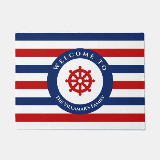 Nautical Rudder Navy Blue Red Stripes Deurmat (Voorkant)
