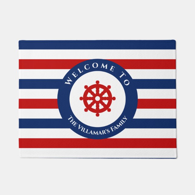 Nautical Rudder Navy Blue Red Stripes Deurmat (Voorkant)