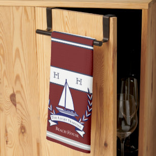 Nautical Rust Red Navy Blue Sailboat Monogram Naam Theedoek