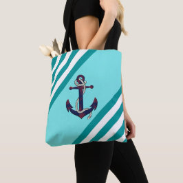 Nautical rustand/marine knot/aqua/white stripe tote bag