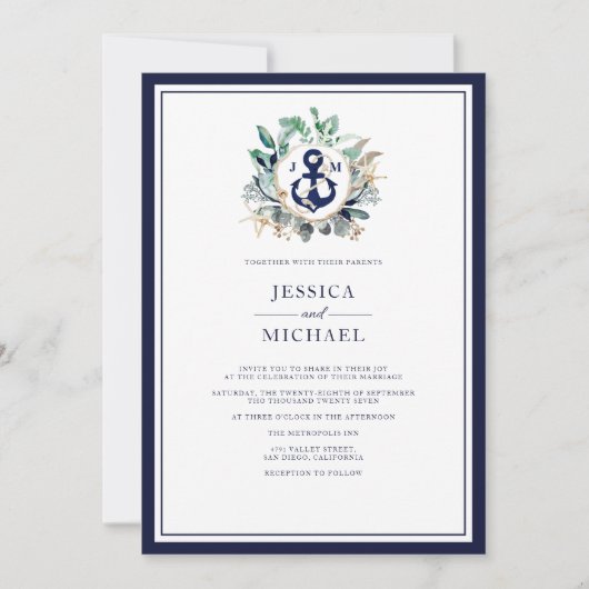 Nautical Rustic Waterverf Navy Anchor Wedding Kaart (Voorkant)