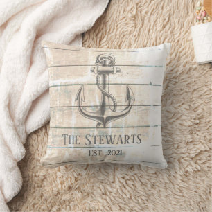 Nautical Rustic Wood Anchor Beach House Family Kussen