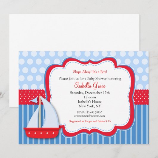 Nautical Saiboot Baby Shower Invitaties Kaart (Voorkant / Achterkant)