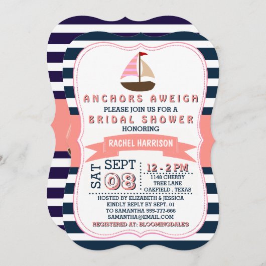 Nautical Sail Boat Beach Bridal Shower Invitations Kaart (Voorkant / Achterkant)