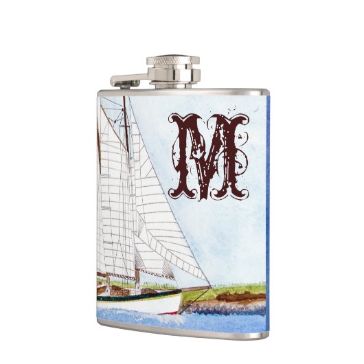 Nautical Sail Boat Zee Ocea Monogram Whiskeyfles Heupfles (Links)