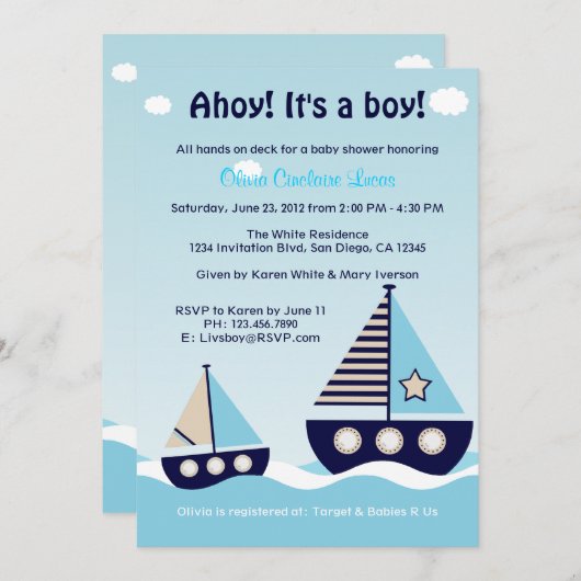 Nautical Sailboat Baby Boy Baby shower Uitnodiging (Voorkant / Achterkant)