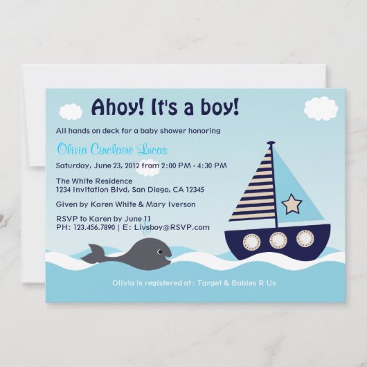 Nautical Sailboat Baby Boy Baby shower Uitnodiging (Voorkant)