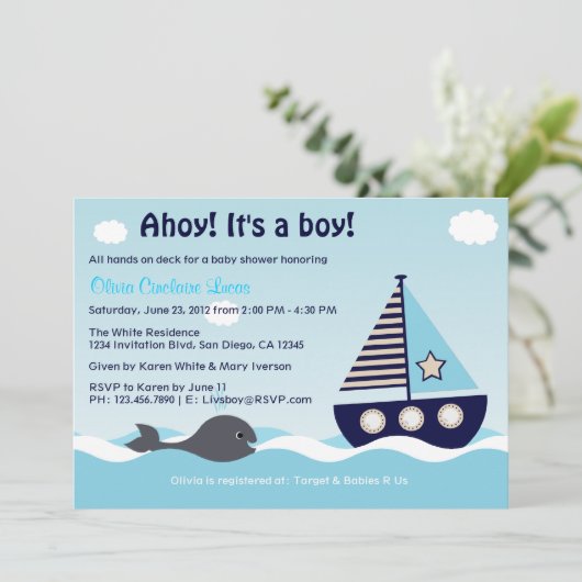 Nautical Sailboat Baby Boy Baby shower Uitnodiging (Staand voorkant)