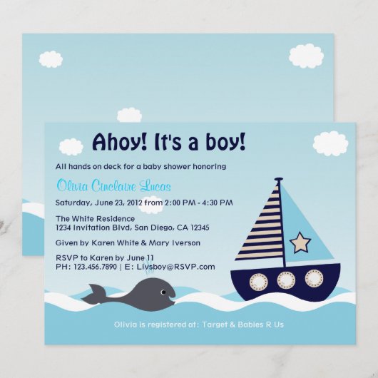 Nautical Sailboat Baby Boy Baby shower Uitnodiging (Voorkant / Achterkant)