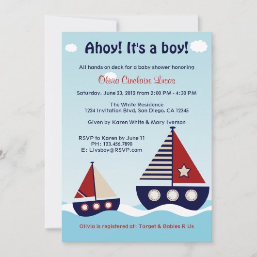 Nautical Sailboat Baby Boy Baby shower Uitnodiging (Voorkant)