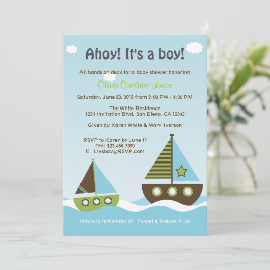 Nautical Sailboat Baby Boy Baby shower Uitnodiging (Staand voorkant)