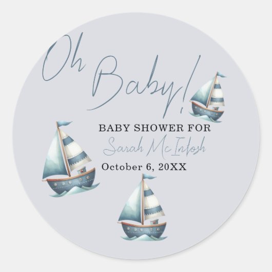 Nautical Sailboat Baby shower Ronde Sticker (Voorkant)