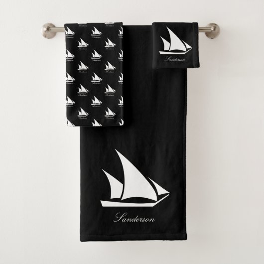 Nautical Sailboat Bathroom zwart-wit Bad Handdoek (Insitu)