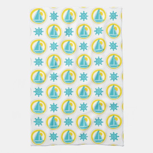 Nautical Sailboat Blue & Yellow Ocean Lake Theme Theedoek (Verticaal)