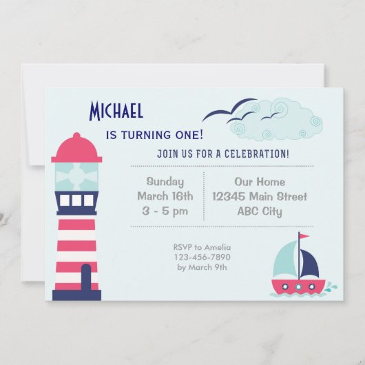 Nautical Sailboat Child Birthday Invitation Blue Kaart (Voorkant)