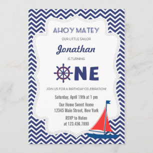 Nautical Sailboat First Birthday Uitnodiging
