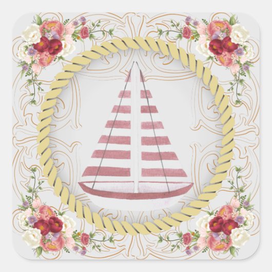 Nautical Sailboat & Floral Roseate Vierkante Sticker (Voorkant)