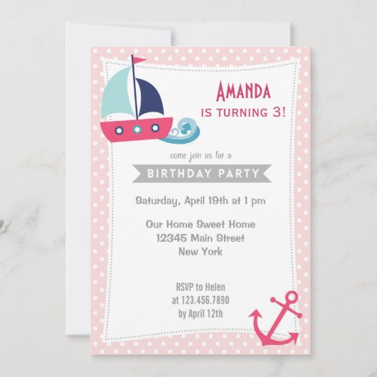 Nautical Sailboat Girl Birthday Invitation Roze Kaart (Voorkant)