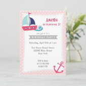 Nautical Sailboat Girl Birthday Invitation Roze Kaart (Staand voorkant)