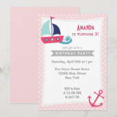 Nautical Sailboat Girl Birthday Invitation Roze Kaart (Voorkant / Achterkant)