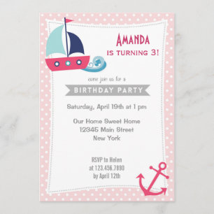 Nautical Sailboat Girl Birthday Invitation Roze Kaart