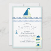 Nautical Sailboat & Lighthouse Blue Boy Baptisme Kaart (Voorkant)