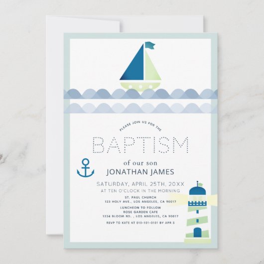 Nautical Sailboat & Lighthouse Blue Boy Baptisme Kaart (Voorkant)