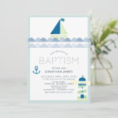 Nautical Sailboat & Lighthouse Blue Boy Baptisme Kaart (Staand voorkant)