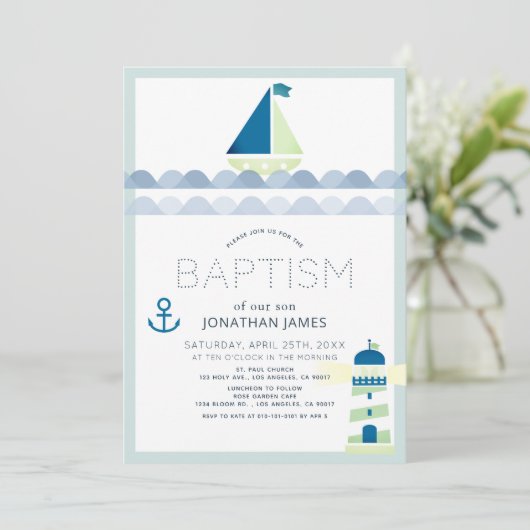 Nautical Sailboat & Lighthouse Blue Boy Baptisme Kaart (Staand voorkant)