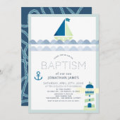 Nautical Sailboat & Lighthouse Blue Boy Baptisme Kaart (Voorkant / Achterkant)