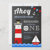 Nautical Sailboat Lighthouse First Birthday Party Kaart (Voorkant)