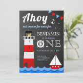 Nautical Sailboat Lighthouse First Birthday Party Kaart (Staand voorkant)
