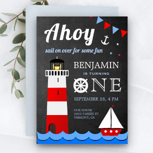 Nautical Sailboat Lighthouse First Birthday Party Kaart