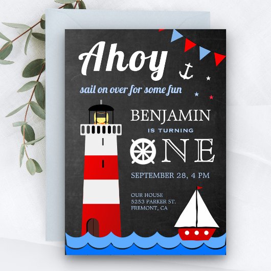 Nautical Sailboat Lighthouse First Birthday Party Kaart