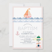 Nautical Sailboat & Lighthouse Pink Girl Baptisme Kaart (Voorkant)