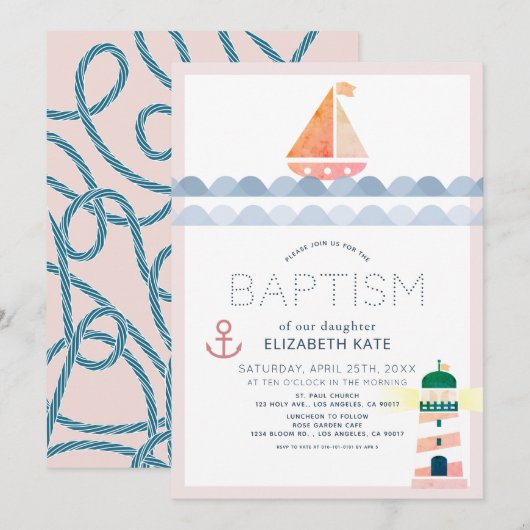 Nautical Sailboat & Lighthouse Pink Girl Baptisme Kaart (Voorkant / Achterkant)