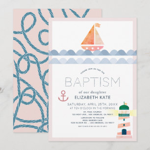 Nautical Sailboat & Lighthouse Pink Girl Baptisme  Kaart
